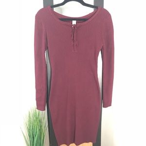 Burgundy long sleeve midi knit dress